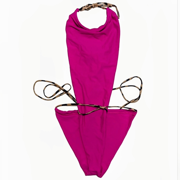 Women's Medium Hot Pink Cheeky Cheetah Straps & Lined Halter One Piece Bikini - Picture 2 of 8